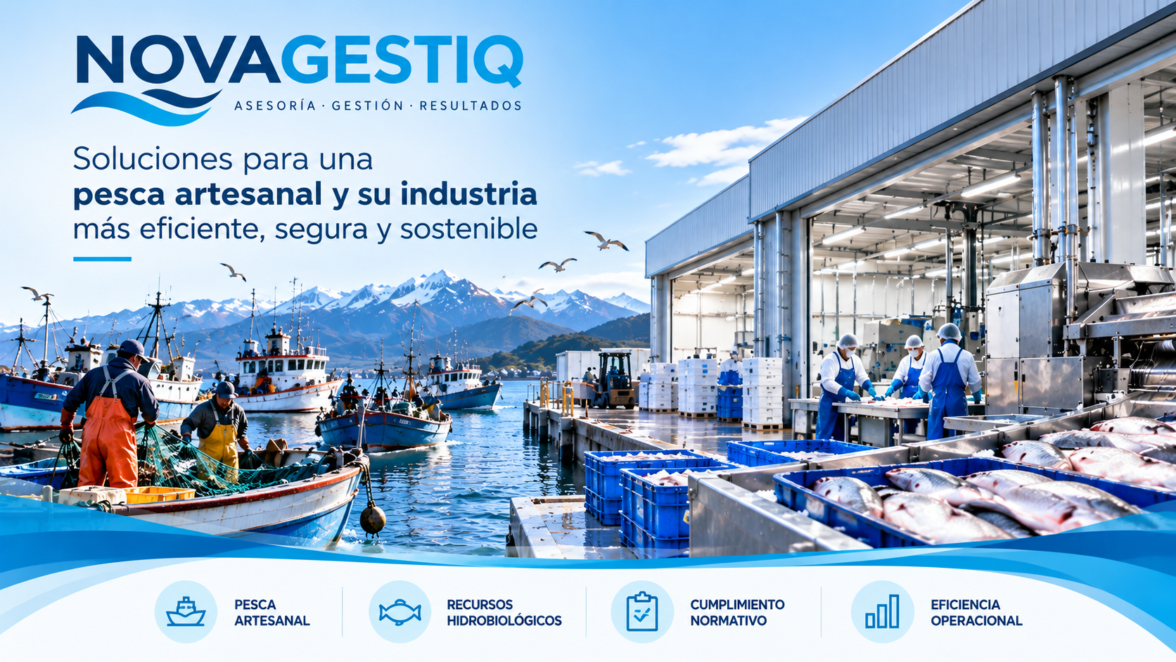 NOVAGESTIQ: pesca artesanal, embarcaciones y planta de procesamiento de productos del mar, con mensaje corporativo de asesoría y gestión